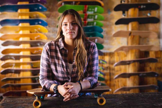 Portrait of caucasian woman in skateboard shop with multiple and colourful skateboards. Global sport and skateboard shop concept.