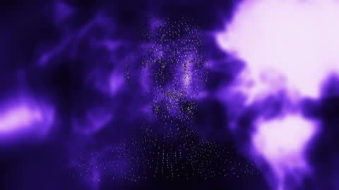 Digital Human Figure in Abstract Purple Particle Galaxy