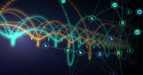Digital Wave Strands Linking Commerce Icons in Futuristic Network Animation