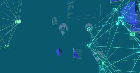 Neon network visualization connecting global data nodes with analytics charts and globe