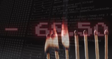 Financial data processing over lit matches symbolizing urgency