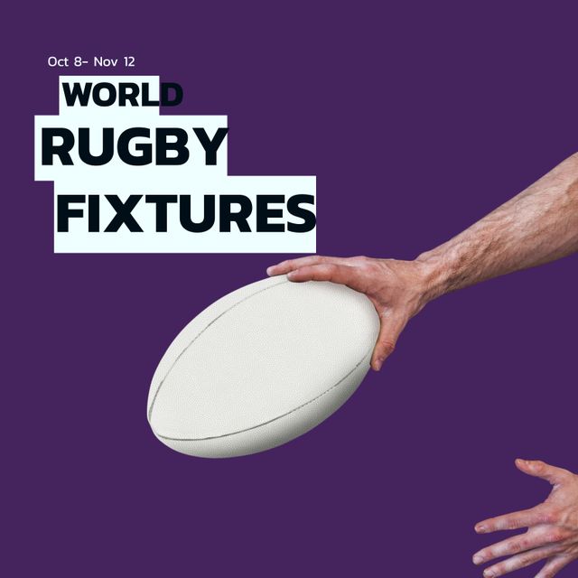 Promotional poster for world rugby fixtures featuring caucasian player's hands holding a rugby ball, set against a purple background. Ideal for sports event promotions, social media announcements, and advertisements for rugby matches.