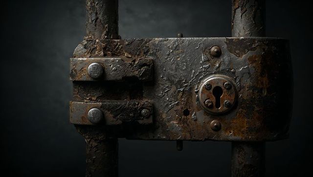 Rusted Locking Mechanism on Iron Bars with Textured Surface