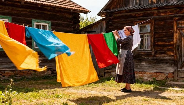Senior woman hanging vibrant linens on clothesline in rustic village yard, summer chores
