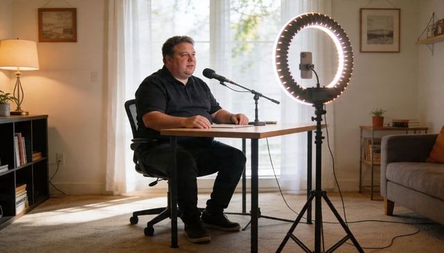 Recording podcast from home studio using ring light and boom microphone at desk
