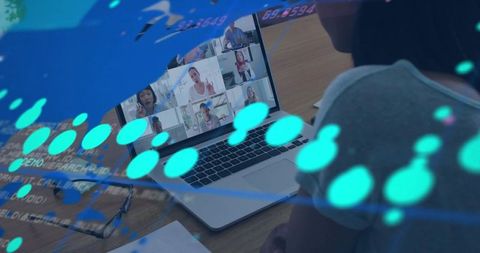 Remote team video meeting on laptop with woman joining virtual conference and data overlay