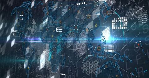 Futuristic world map digital interface with analytics overlay