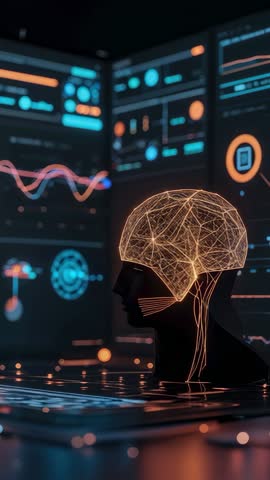 Vertical Tech Video Showing Pulsing Neural Wireframe Bust Powering Interactive Data Panels