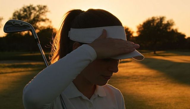 Female golfer shielding eyes at sunset on fairway holding club over shoulder