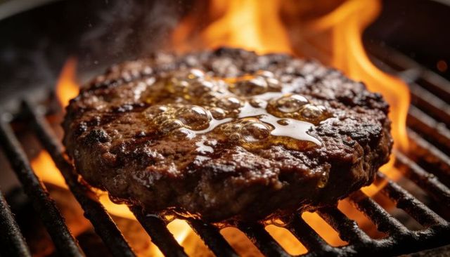 Sizzling charred beef burger patty over open flame grill with glossy juices