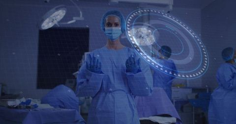 Masked surgeon in OR projecting holographic surgical interface for advanced surgery