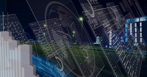 Holographic Digital Charts Overlaying Night Cityscape Road