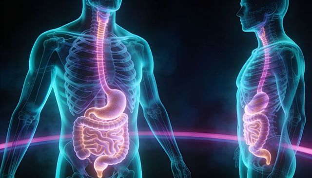 Translucent torso highlighting digestive tract and spine with neon arc for medical education