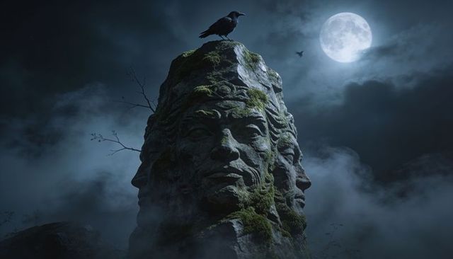 Moonlit multi-faced stone statue on misty hilltop with perched crow, ancient mossy ruin