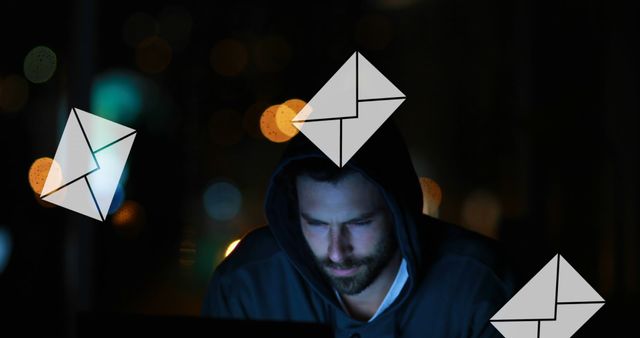 Hacker accessing sensitive data in dark environment, surrounded by floating email icons representing stolen information. Useful visual for topics regarding cybersecurity, data breaches, online privacy, and Internet security measures.