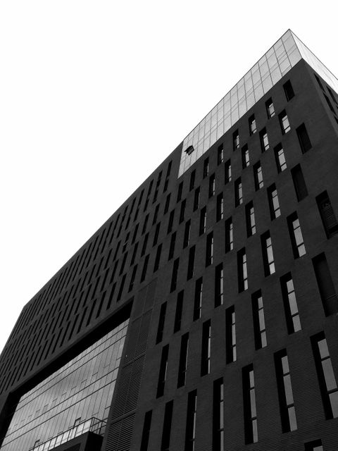 A striking modern high-rise office building featuring geometric windows and minimalist design. The black and white photography highlights the architecture's contemporary lines and urban aesthetic. Suitable for use in architectural portfolios, urban planning presentations, and business-related marketing materials focusing on modern infrastructure.