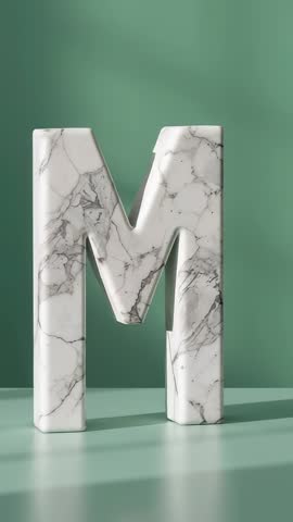 Slowly Rotating Marble Letter M on Green Platform under Stage Lighting