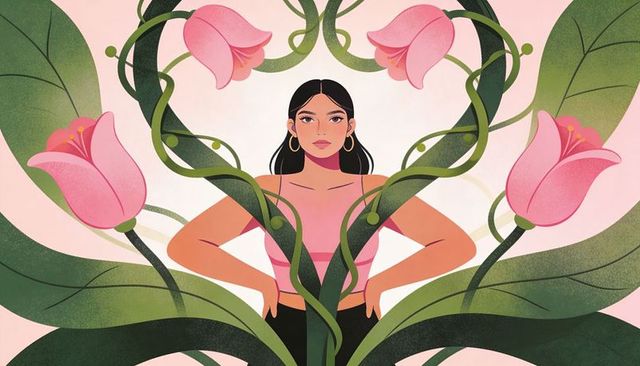 Posing woman framed by heart-shaped vines and pink blooms conveying strength and grace