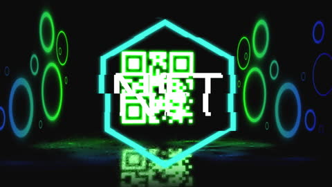 Glitch NFT Text with QR Code on Digital Background