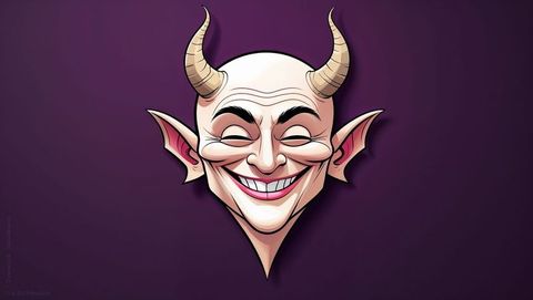 Grinning satan head with horns on purple background