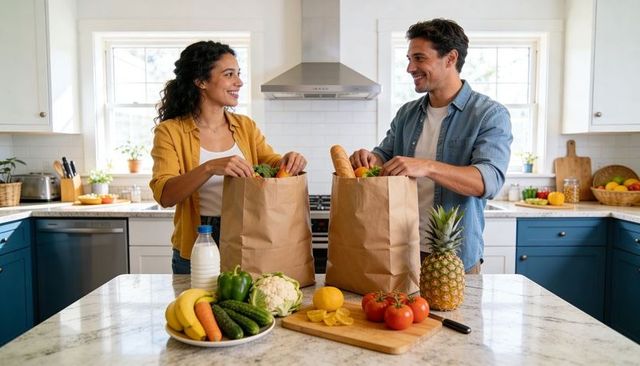 Couple unpacking grocery bags on marble island, preparing meals in bright modern kitchen