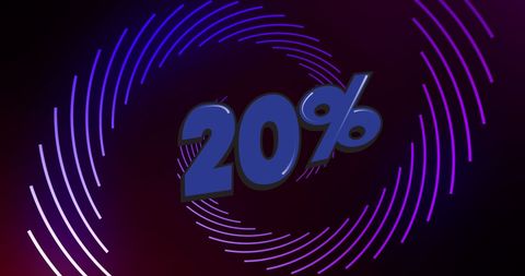 20 percent graphic with rotating violet lines on dark background