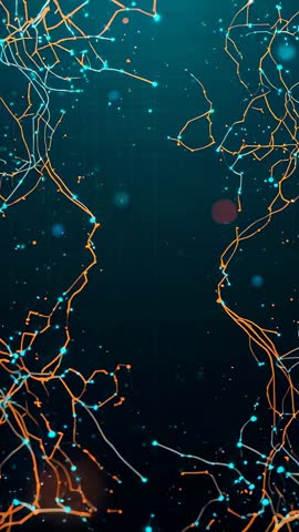 Vertical neon network forming human profiles in cyberspace, pulsing filament nodes animation
