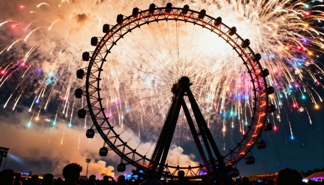 Ferris wheel illuminating night sky with spectacular fireworks at outdoor festival