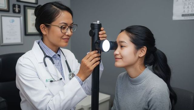 Ophthalmologist conducting eye examination in medical clinic