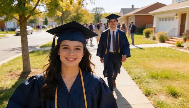 Smiling female graduate walking suburban sidewalk in navy cap gown with gold cords