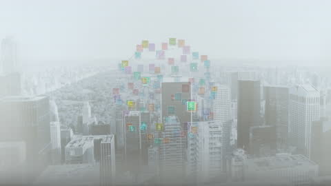 Digital Network Interface Over Modern City Skyline