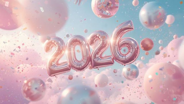 Floating rose-gold 2026 foil balloons drifting through pastel clouds celebrating new year