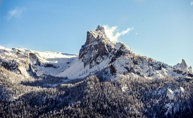Snowy mountain peak towering over a winter landscape with snow-covered trees and a clear blue sky. Ideal for travel advertisements, nature blogs, inspirational posters, wallpapers, and outdoor adventure websites.