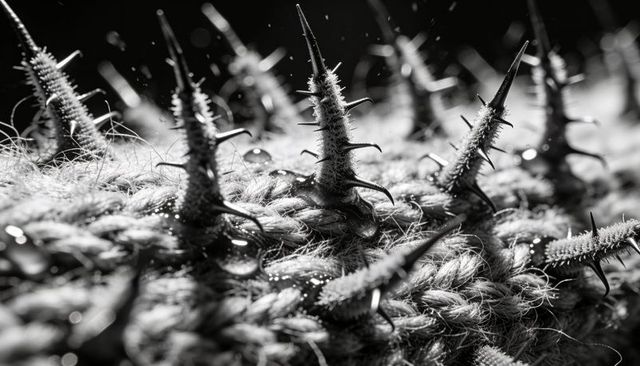 Macro closeup of spiny seed burrs clinging to braided rope with droplets and bokeh