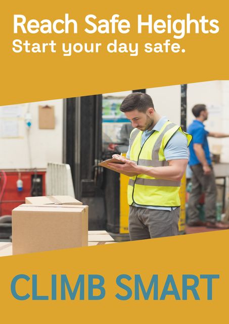 Warehouse Worker Safety Awareness with Climb Smart Motivational Text - Download Free Stock Templates Pikwizard.com