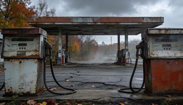 Rusted gasoline pumps standing on cracked forecourt with autumn mist at abandoned station