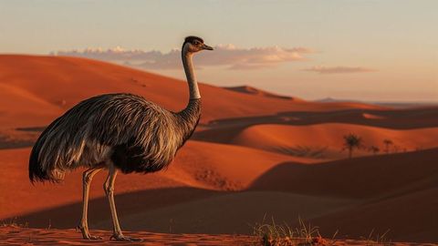 Emu stands amidst golden dunes at sunset