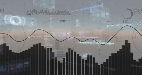 Futuristic Data Dashboard with Vertical Bar Chart, Sine Trend Line and Holographic HUD