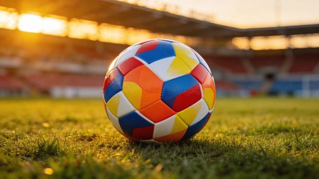 Multicolor soccer ball resting on dewy grass glistening in golden hour stadium