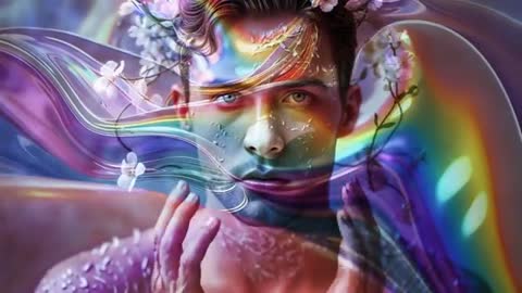 Mystical Man With Iridescent Streams and Blossoms