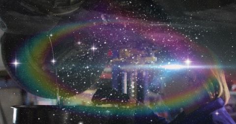 Leaning woman stirring pot at cafe counter with rainbow halo, starfield and warm ambience