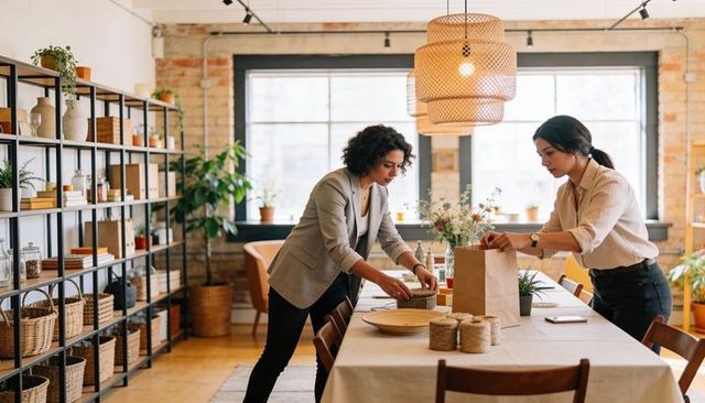 Women collaborating on gift packing in bright loft studio for small business teamwork