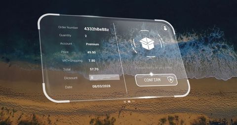 Digital interface hovers above seaside landscape with infographic