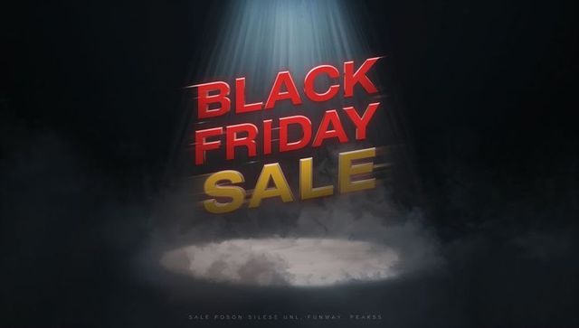 Hovering 3d black friday sale text tilting forward above stage spotlight fog smoke