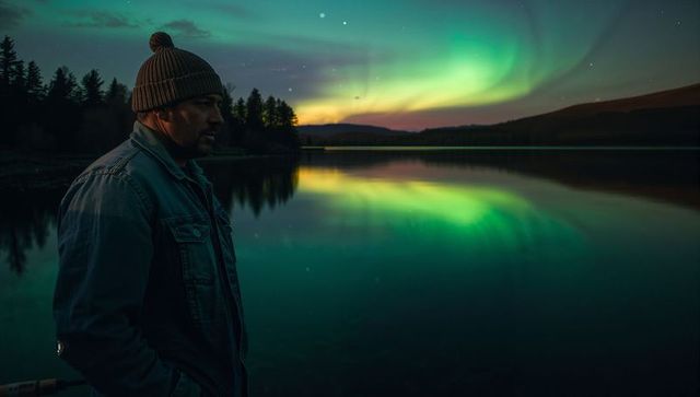 Man gazing at northern lights over calm lake with reflection and forest silhouette