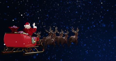 Santa Claus Flying with Reindeer Through Night Sky