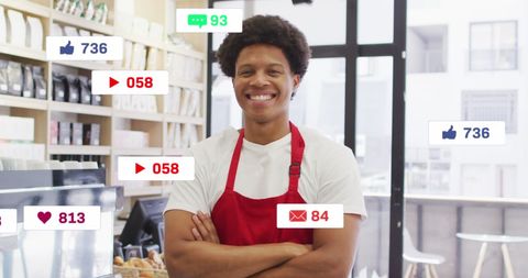 Salesman in grocery store with social media metrics overlay