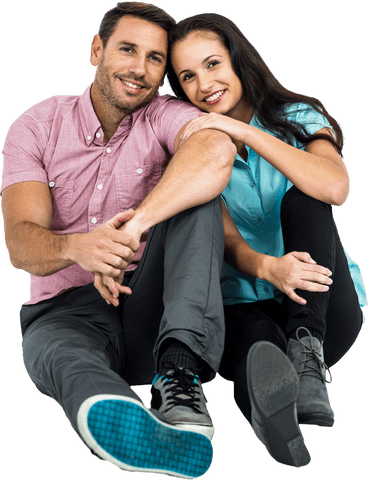Transparent smiling couple sitting close together