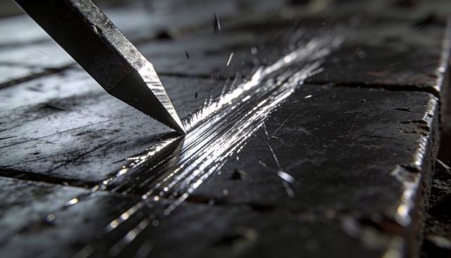 Chisel scraping dark wood plank creating reflective groove and flying sawdust in workshop