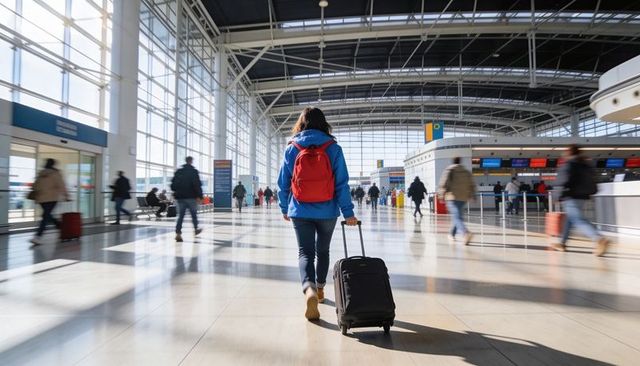 Solo traveler walking through bright modern airport concourse pulling suitcase and red backpack